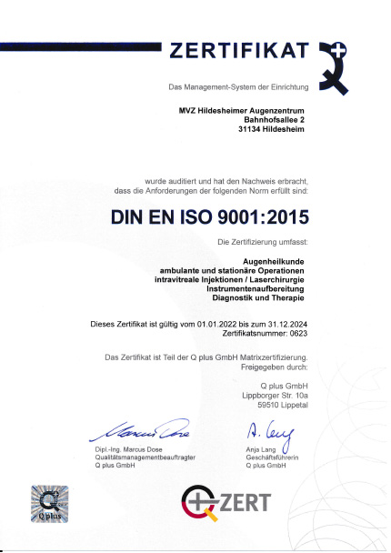 Qualitätsmanagementsystem nach DIN EN ISO 9001 : 2015 im Hildesheimer Augenzentrum